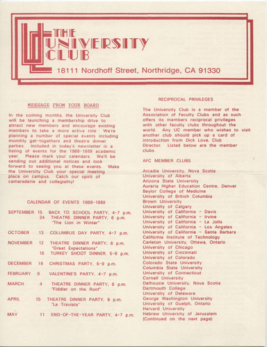 California State University, Northridge (CSUN) University Club newsletter (pg. 1), ca. 1988