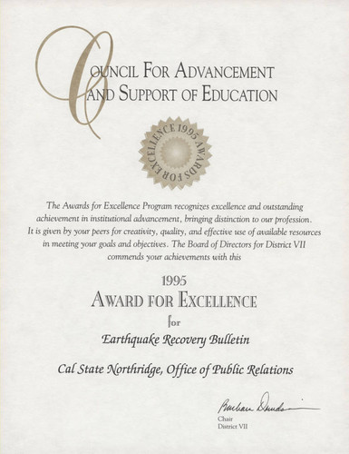 1995 Award for Excellence for the Earthquake Recovery Bulletin, Cal State Northridge, Office of Public Affairs