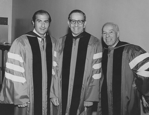 Honored guests Bob Moretti, Walter Mirisch, and Julian Beck at graduation ceremony, San Fernando Valley State College (now CSUN)