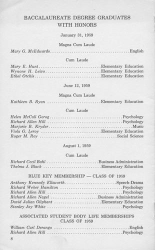 San Fernando Valley State College (now CSUN) First Annual Commencement Program (page 8), 1959