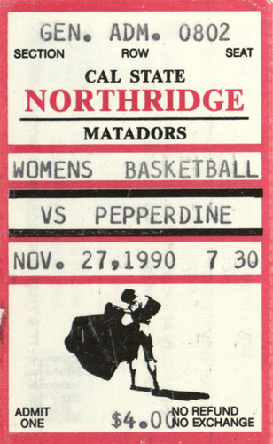 Cal State Northridge Matadors, Women's Basketball vs. Pepperdine ticket, 1990