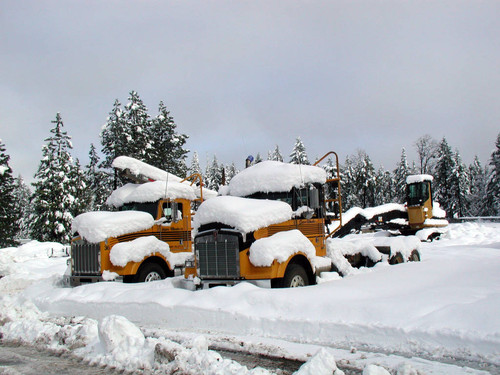 Logging trucks under snow--Soper-Wheeler Company