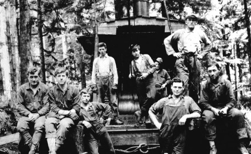 Logging crew at Lyonsville standing on a steam donkey engine