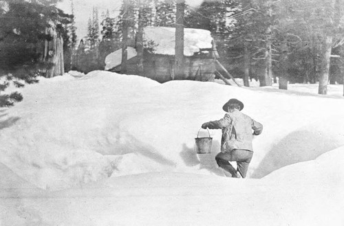 Railroad construction worker in snow