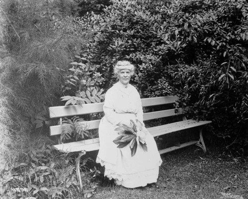 Annie Bidwell sitting on a bench at Bidwell Mansion