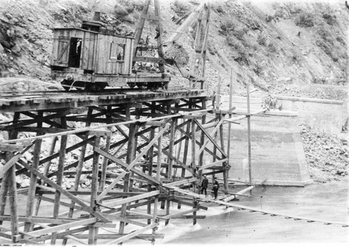 Construction of railroad trestle in Feather River Canyon