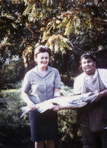 Dorothy Hill and Bertha Macias with salmon