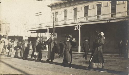 Chinese funeral procession down Second Street, Chico