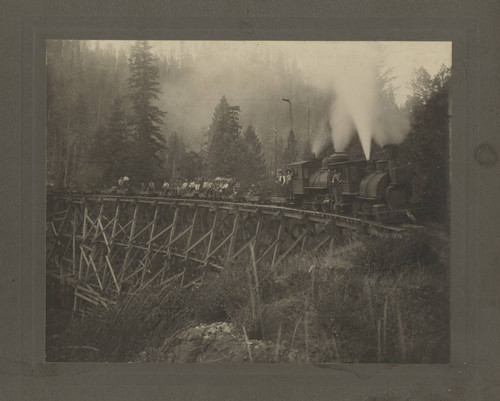 Chico Creek trestle in West Branch Area near Forest Ranch with steam engines, flatcars, or crew ca. 1902