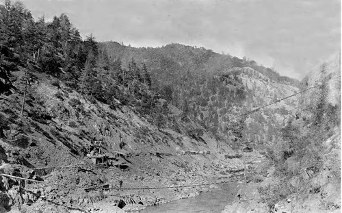 Suspension bridge construction in the Feather River Canyon