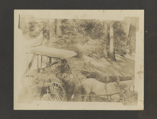 Three men drinking with a horse wagon