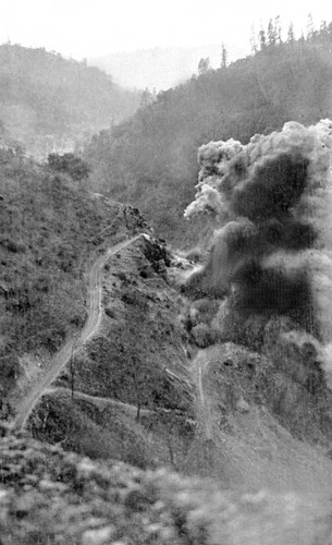 Blasting during railroad construction on Feather River