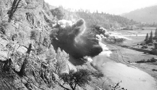 Blasting during railroad construction on Feather River