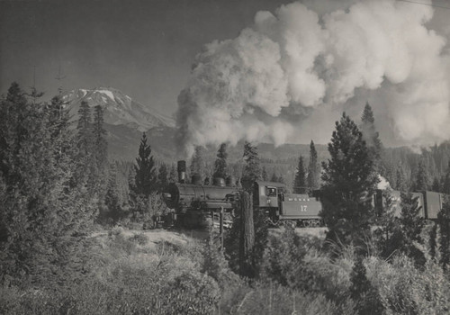 McCloud River Railroad Company Locomotive No. 17 with Mount Shasta