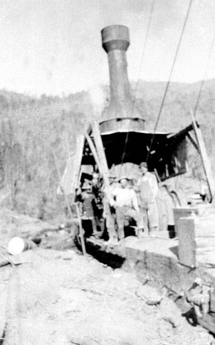 Dolbeer donkey engine with work crew at Lyonsville