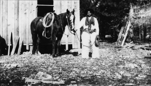 Man with chaps holding rope and horse