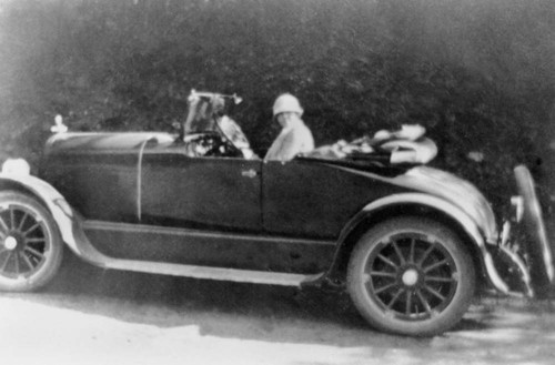 Ruby Bickley in car (Butte Meadows - Jonesville area.)