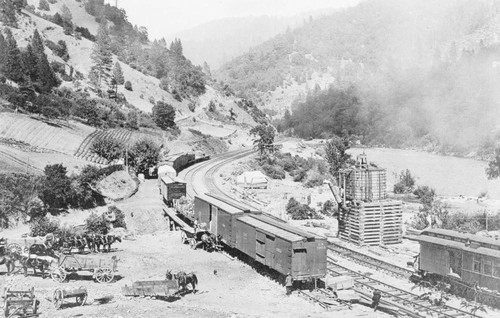 Railroad cars in Feather River Canyon