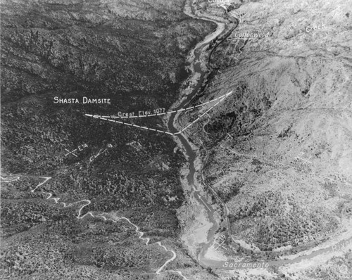 Shasta Dam site marked on aerial view