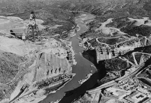 Aerial view of Shasta Dam construction site