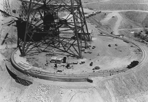 Base of cableway head tower at Shasta Dam construction site