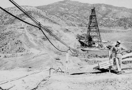 Cableway being strung during the construction of Shasta Dam