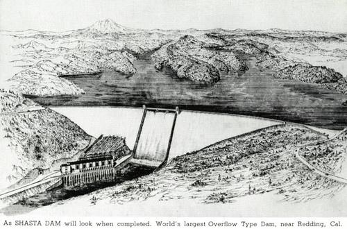 Illustrated view of Shasta Dam, Shasta Lake and Mt. Shasta