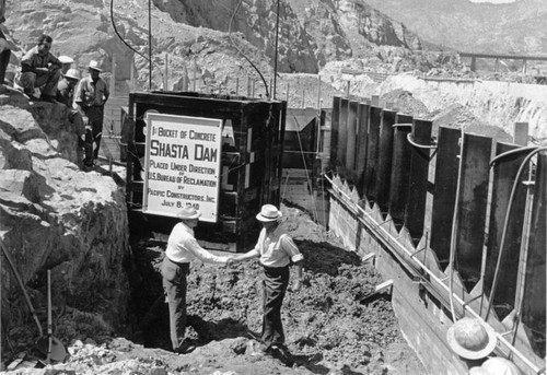 First load of concrete at Shasta Dam construction site