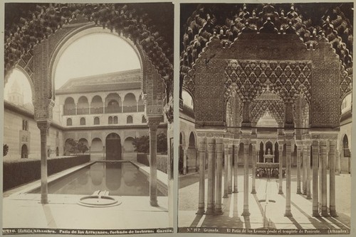 No. 210 Granada, Alhambra, Patio de los Arrayanes, fachada de invierno. No. 212. Granada, El Patio de los Leones desde el templete de Poniente. (Alhambra)