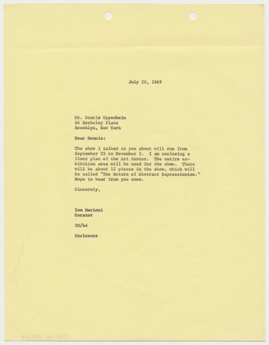 Letter to Dennis Oppenheim from Tom Marioni (The Return of Abstract ...