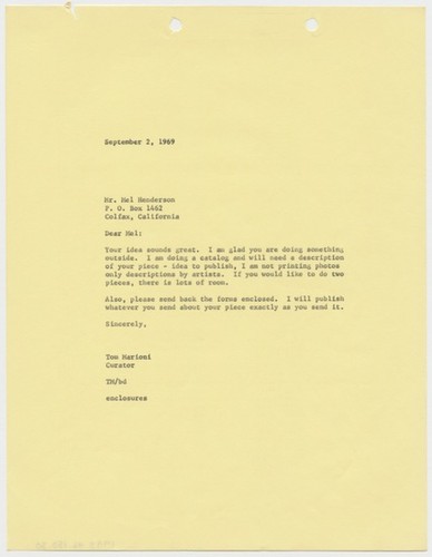 Letter to Mel Henderson from Tom Marioni (The Return of Abstract ...