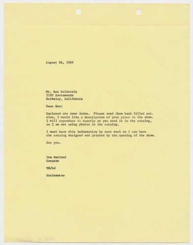 Letter to Ron Goldstein from Tom Marioni (The Return of Abstract ...