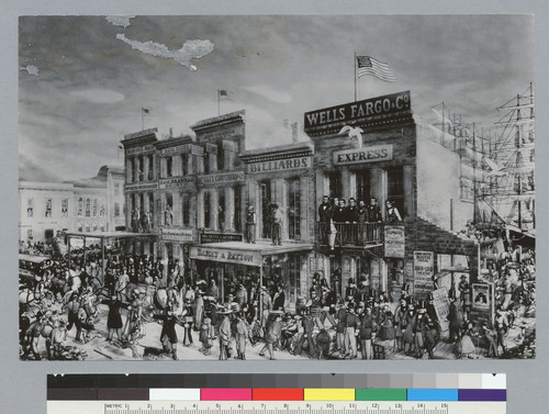 [black and white cartoon: Montgomery St., 1860s, Chinese in foreground]