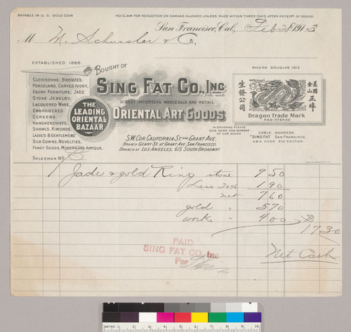 [Sing Fat Co., Inc. receipt for M. Schussler & Co.]