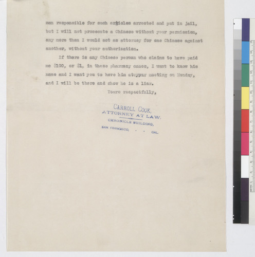 Letter to Chinese Consolidated Benevolent Association from Cook: 15 Oct