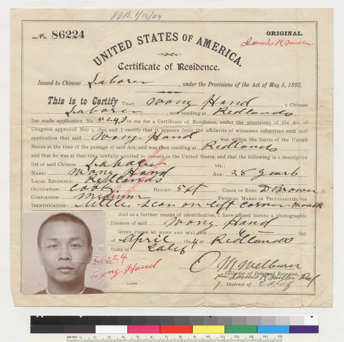 Wong Hand: certificate of residence & travel documents