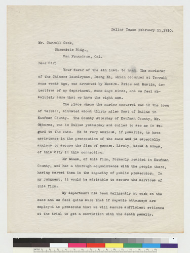 Letter to Cook from J.W. Ryan