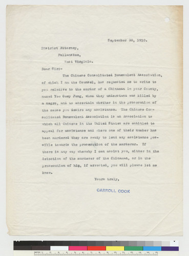 Correspondence re. murder of Yee Guey Jung in Follansbee, W. VA