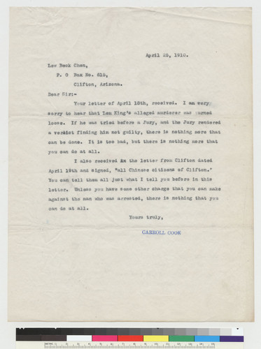 Letter from Cook to Lew Beck Chen: 25 April