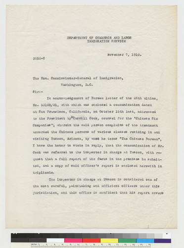 Letter to Commissioner General of Immigration from F.W. Berkshire