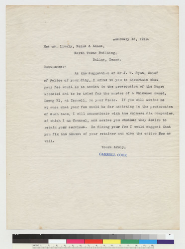 Letter to Messrs. Lively, Nelms, and Adams from Cook