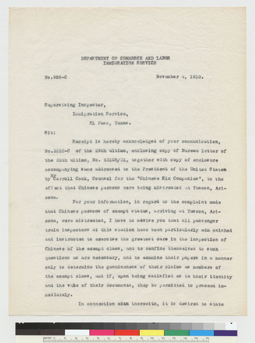 Letter to Supervisor Inspector from Charles T. Cornell
