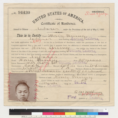 Wong Shung: certificate of residence