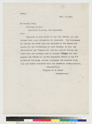 Letter from H.H. North to Carroll Cook