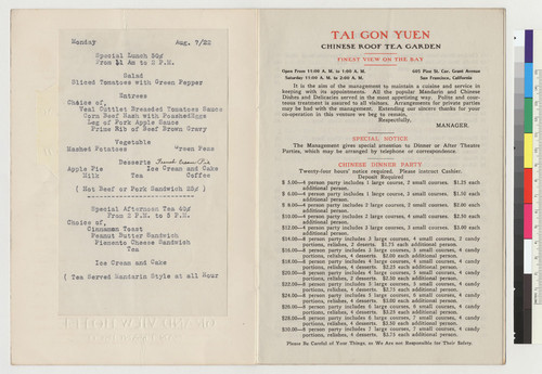 Chinese Tea Garden, Grand View Hotel menu