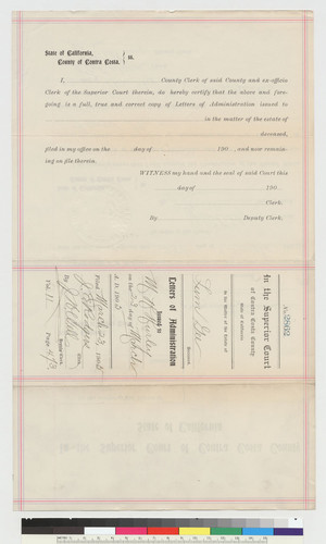 Letters of admin. issued to M.H Hurley; verso