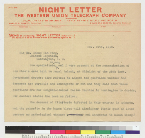 Telegram to Chang Yin Tang from Li Yung Yew