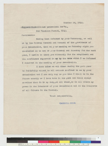 Letter to Chinese Consolidated Benevolent Association from Cook