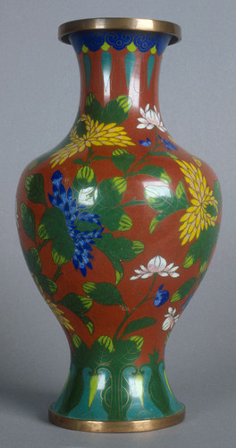 Cloisonne vase with stand. Red with green & yellow design; 15"