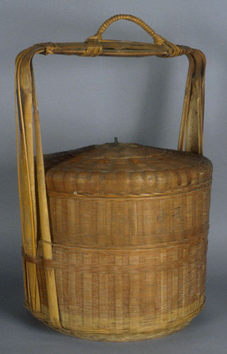 Basket, bamboo & wicker with two trays, lid & handle